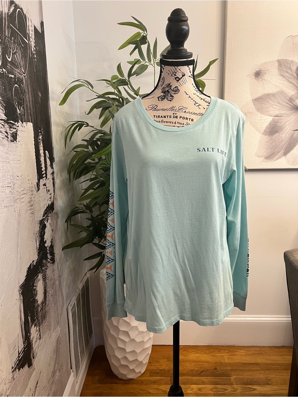 Salt Life Women's Long Sleeve Tee in Aqua Blue with Sleeve Pattern